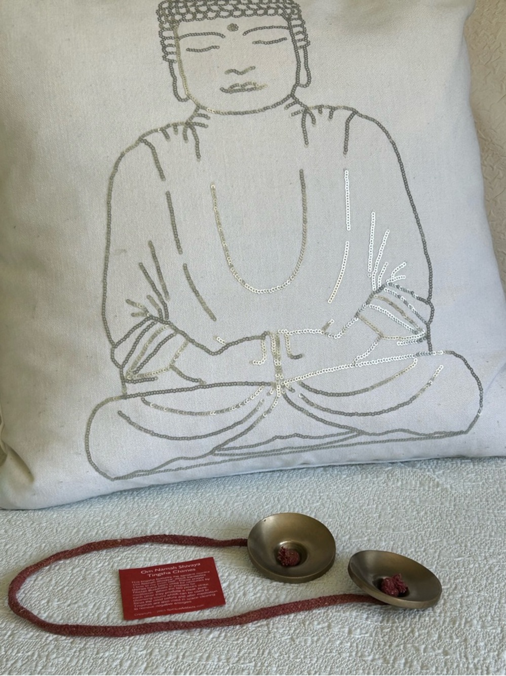 Om Namah Shivaya Tingsha Chimes - Brass with Red Cord - Picture 4 of 5